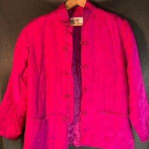 Vintage 50’sChine silk‎ hot pink jacket. Mandarin collar quilted. Size xl.